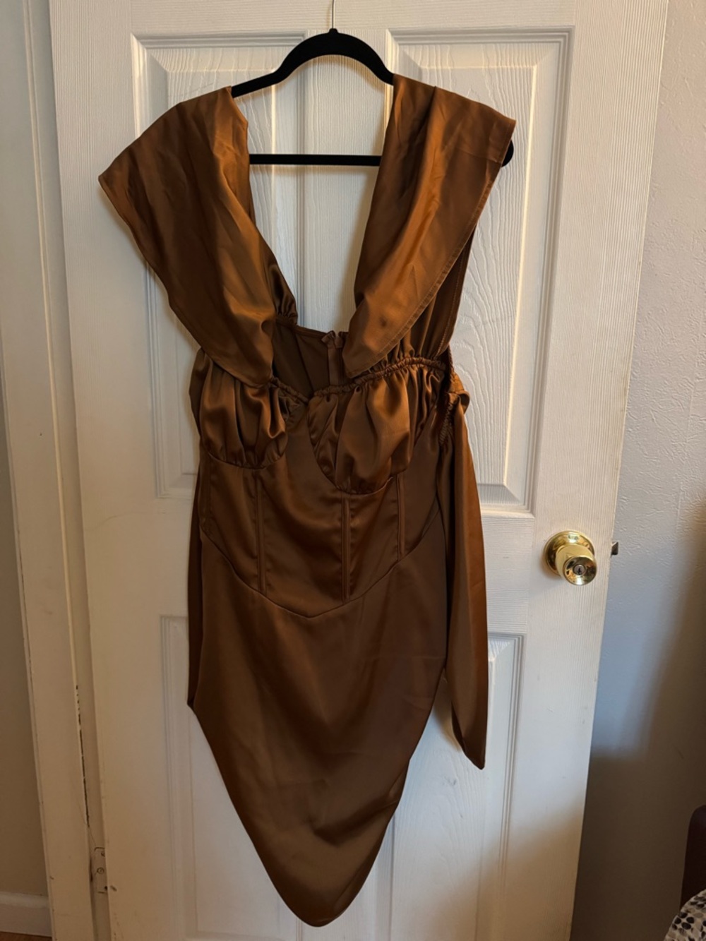 PrettyLittleThing Brown Bardot Ruched Satin Dress